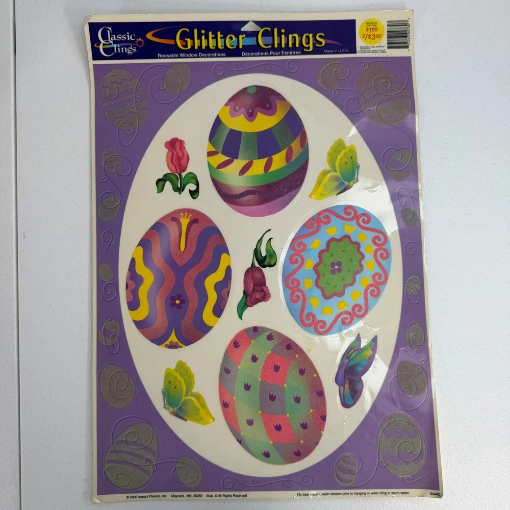 Vintage 2000 2002 Classic Window‎ Glitter Clings 2pc Easter Eggs Bunny Reusable